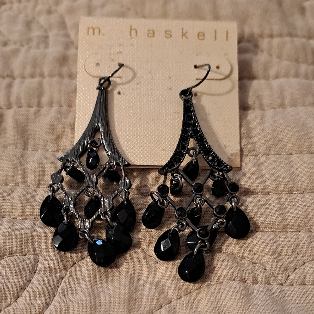 Black Gothic Chandelier Earrings with Faceted Beads